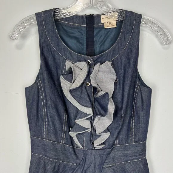 Karen Millen Womens Blue Denim Chambray Sleeveless Dress Ruffle Front size 4 - Picture 5 of 14